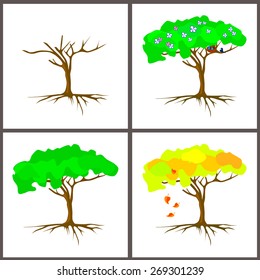 Set of four seasons trees. Vector. Winter, spring, summer and autumn tree