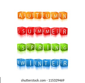 Set of Four Seasons Winter Spring Autumn Summer Cube Icons. Words Composed of Bright Blocks