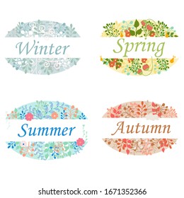 Fijados a partir de cuatro temporadas del año, marcos florales ovales con texto Invierno, primavera, verano, otoño en el diseño vectorial. Colores de temporada. Aislado en fondo blanco, gráfico editable Ilustración. 