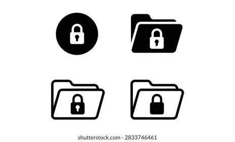 Set of four secure folder icons in solid and outline styles with padlock symbols, representing privacy, data protection, restricted access, and cybersecurity concepts in vector illustration design