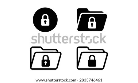 Set of four secure folder icons in solid and outline styles with padlock symbols, representing privacy, data protection, restricted access, and cybersecurity concepts in vector illustration design