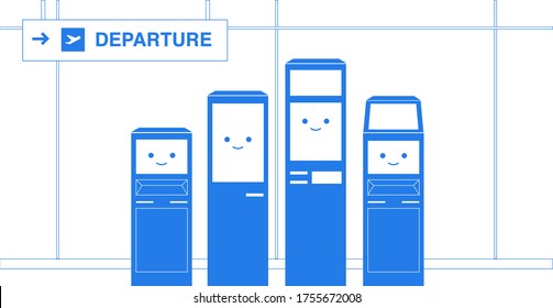 A Set of Four Self service Check-in Kiosk,  Interactive Way-finding Information Kiosk Stand, Advertising Display, Touch Screen Display, Airport Departure Terminal background, flat geometric design