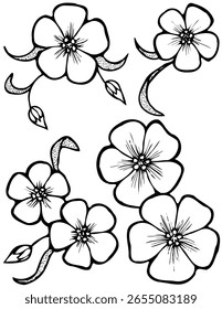 Conjunto de quatro ilustrações de contorno separadas de flores isoladas sobre fundo branco.