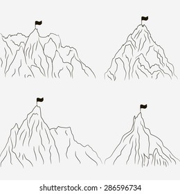 Set of four shapes of the mountains. The flag on top. Symbolizes the achievement of the goal. Vector eps 10.