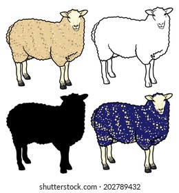 Set of four sheep: cartoon white sheep, blue sheep, sheep silhouette and outline sheep.