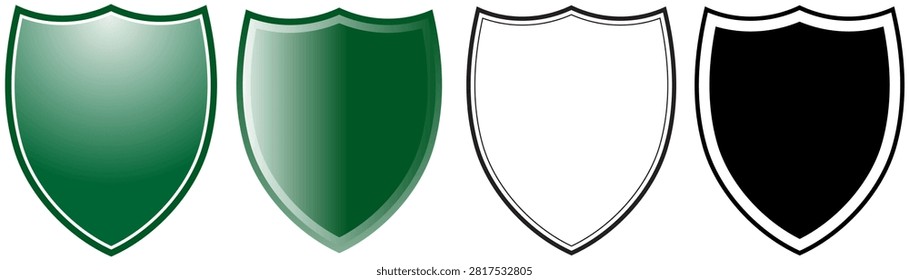 Set of four shield icons in green black and outline styles isolated on a white background representing protection security and heraldry