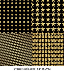 set of four shiny festive background for new year or other holiday. Pattern for decoration or making wrapping paper or fabric. Collection of gold elements on a black background.  vector illustration
