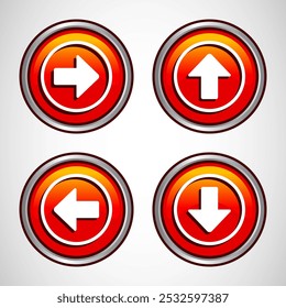 Set of Four Shiny Red and Orange Arrow Buttons Pointing Different Directions