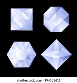 Set of four shiny rhinestones of differebt shapes. Illustration on black background