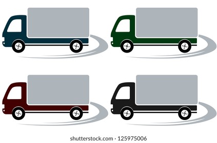 set of four shipping trucks on the road with decorative element