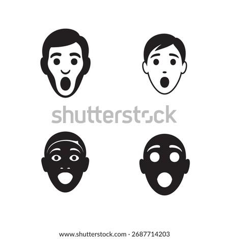 Set of Four Shocked Face Icons Expressing Surprise and Astonishment in Monochromatic Style Depicting Human Emotions