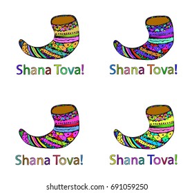 A set of four shofar. Rosh a Shana. Hebrew. Doodle. Hand draw. Vector illustration on isolated background.