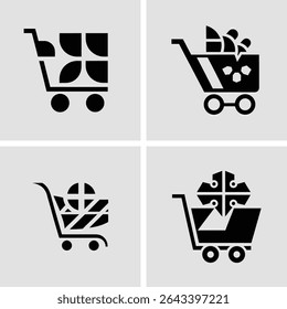 Set of four shopping cart icons in various styles illustrating online shopping concepts