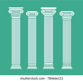 Set of four short rome and greece antique columns and pilars. Vector illustration, isolated, flat, white color. On blue background