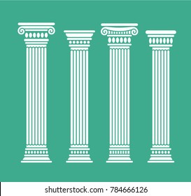 Set of four short rome and greece antique columns and pilars. Vector illustration, isolated, flat, white color.
