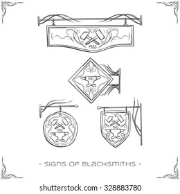 set of four signs for blacksmiths forged on a white background