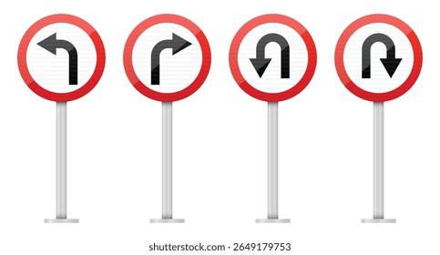 A set of four signs indicates permissible turns on the road, showing the direction of left, right, and u-turns. The signs are round with a red border.