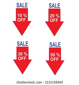 A set of four signs in red announcing a number of different percentage discount.