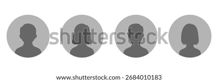Set of four silhouette avatars representing anonymous human figures. These neutral avatars are useful for profile placeholders, representing individuality and diversity. Vector illustration.