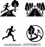 Set of four silhouette icons depicting male and female runners on scenic routes. Ideal for fitness concepts and outdoor activity promotion.
