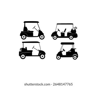 A set of four silhouette icons of golf carts, each with different seating arrangements and canopy designs. These vector illustrations are ideal for use in golf-related content, transportation signage,