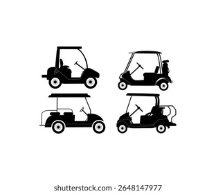 A set of four silhouette icons of golf carts, each with different seating arrangements and canopy designs. These vector illustrations are ideal for use in golf-related content, transportation signage,