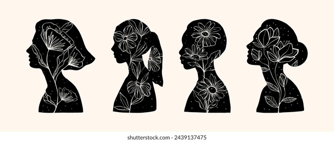 Conjunto de cuatro siluetas retrato de una dama de perfil con flores. Estilo Linocut. Ilustración vectorial de moda.