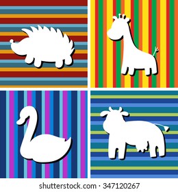 A set of four silhouettes of animals on seamless striped patterns. Beautiful vector design.