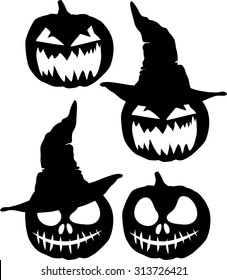 A set of four silhouettes evil pumpkins for the holiday evil forces Halloween. Black and white images. Vector.