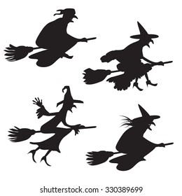 Set of four silhouettes of flying witches