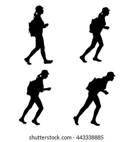 Set of four silhouettes - girl, woman, climber, tourist, rock-climber with a backpack on a back - side view. Walking tourist with the tail of hair on the head, with a hat. Tourist on the move. Vector
