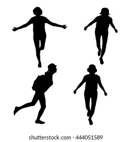 Set of four silhouettes - girl, woman, climber, tourist, rock-climber with a backpack on a back - side view. Tourist with a hat. Tourist on the move, action. Traveler runs with wide-open arms. Vector.