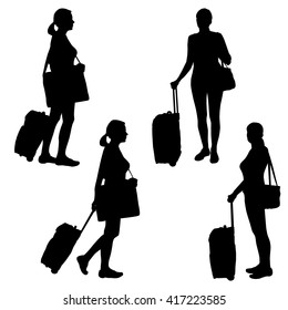 Set of four silhouettes of girls, women with baggage. Female silhouette with a bag over shoulder and a bag on wheels. Image of a girl who travels with baggage. Female silhouette with two bags. Vector
