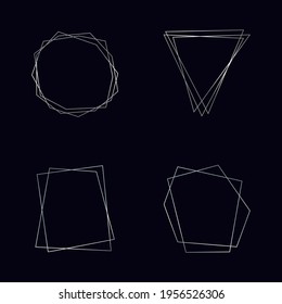 Set of four silver geometric polygonal frames with shining effects isolated on dark background. Empty glowing art deco backdrop. Vector illustration.