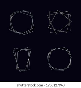 Set of four silver geometric polygonal frames with shining effects isolated on dark background. Empty glowing art deco backdrop. Vector illustration.