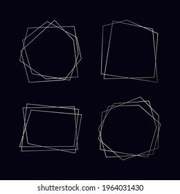 Conjunto de cuatro marcos geométricos poligonales plateados con efectos brillantes aislados en el fondo oscuro. Fondo de arte deco brillante vacío. Ilustración vectorial.