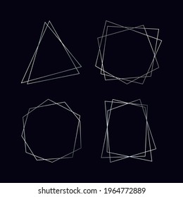 Set of four silver geometric polygonal frames with shining effects isolated on dark background. Empty glowing art deco backdrop. Vector illustration.