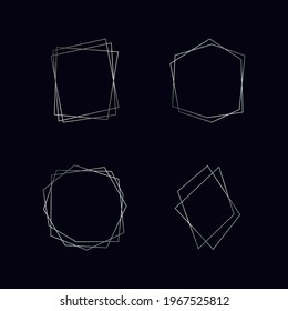 Set of four silver geometric polygonal frames with shining effects isolated on dark background. Empty glowing art deco backdrop. Vector illustration.