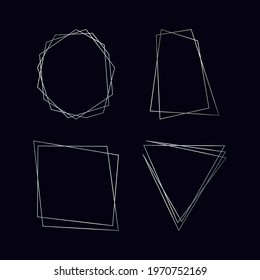 Set of four silver geometric polygonal frames with shining effects isolated on dark background. Empty glowing art deco backdrop. Vector illustration.