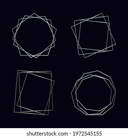 Set of four silver geometric polygonal frames with shining effects isolated on dark background. Empty glowing art deco backdrop. Vector illustration.