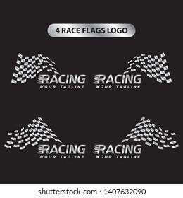 Set of four silver race flags logo template vector, Simple design race flag icon suitable for motor, car, rally sport isolated on black background. Vector Illustration
