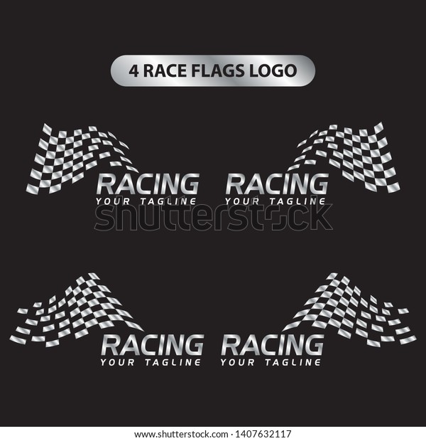Set of four silver race\
flags logo template vector, Simple design race flag icon suitable\
for motor, car, rally sport isolated on black background. Vector\
Illustration