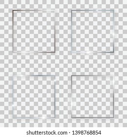 Set of four silver shiny square frames with glowing effects and shadows on transparent background. Vector illustration