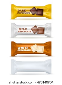 Set of four similar isolated snack packages editable with various labels dark milk white chocolate and blank with shadows vector illustration