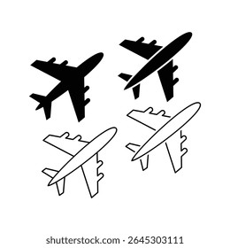 Um conjunto de quatro ícones simples de avião em ambos os estilos sólido e de contorno, representando viagens aéreas, voos e temas de aviação.