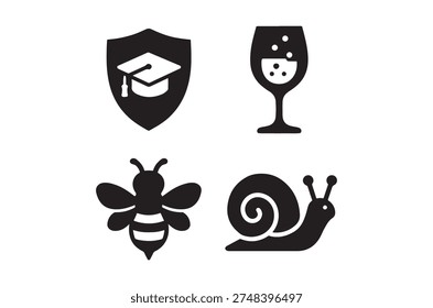 A set of four simple black icons representing learning, a drink, and two invertebrates.