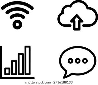 Un conjunto de cuatro iconos simples de línea negra sobre un fondo blanco, que representan la comunicación digital y los conceptos de datos, incluyendo Wi-Fi, almacenamiento en la nube, gráficos de barras y burbujas de voz.