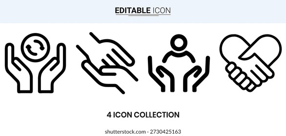 Un conjunto de cuatro iconos simples de línea negra que representan la Asistencia, el cuidado y la conexión humana.