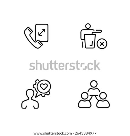 A set of four simple black line icons against a white background depicts phone call, card sharing, presentation cancellation, and teamwork with a heart and gear. The style is minimalist and clean.
