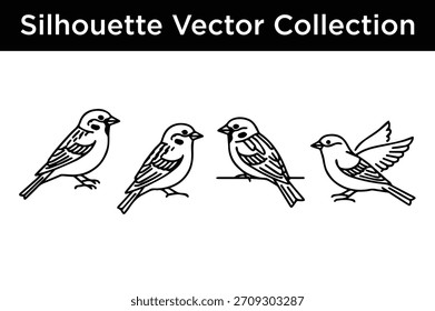 Conjunto de quatro silhuetas simples de vetor de aves de contorno preto, ideais para projetos de design gráfico, vida selvagem ou natureza.